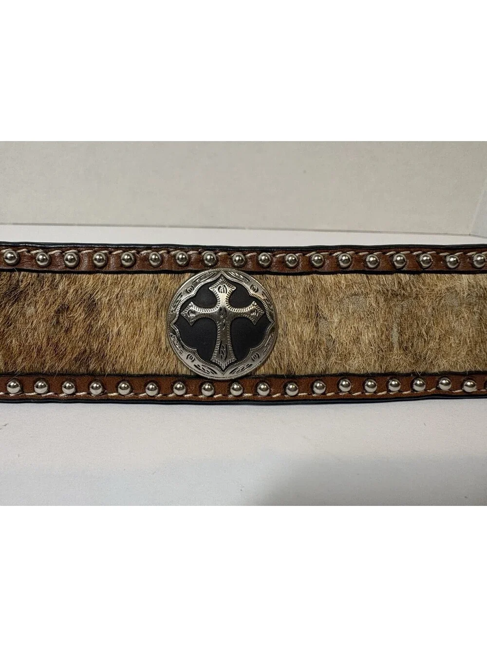 3D Belt Co Mens Western Sz 38 Handcrafted Leather Hide Studs Cross Conchos